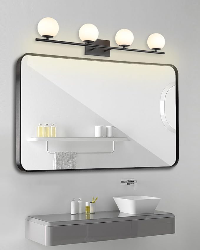 New Bathroom Vanity Light Fixtures Matte Black Milk White Globe Glass Shade 4 Lights Modern Wall Bar Sconce Over Mirror(4 lights-35.43inch)