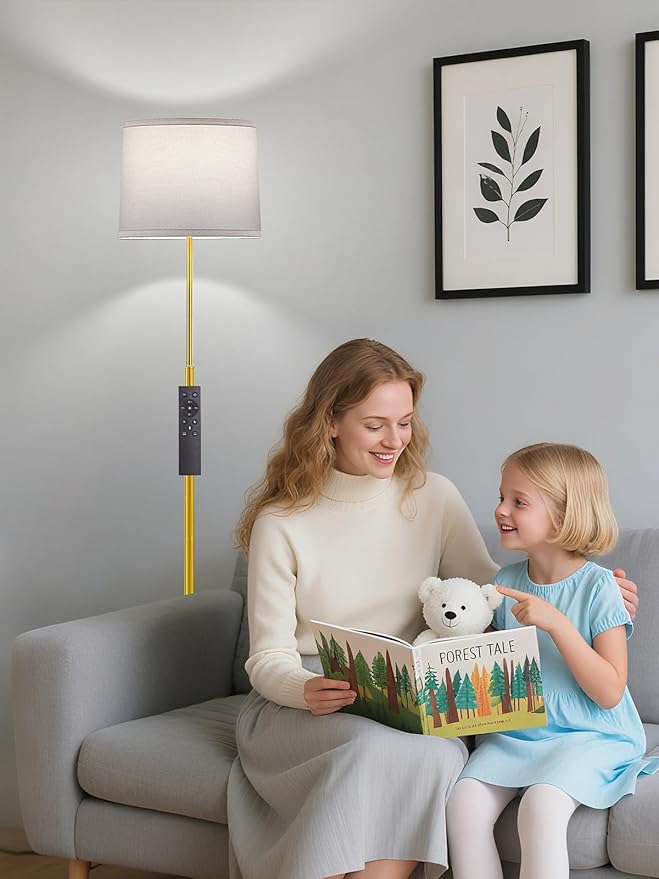 60" Modern Floor Lamp for Living Room, Standing Lamp with White Linen Lampshade, Remote and Foot Switch, Tall Lamp with A19 9W 3000K-6000K Color Temperature 10%-100% Brightness Dimmable Bulb, Gold