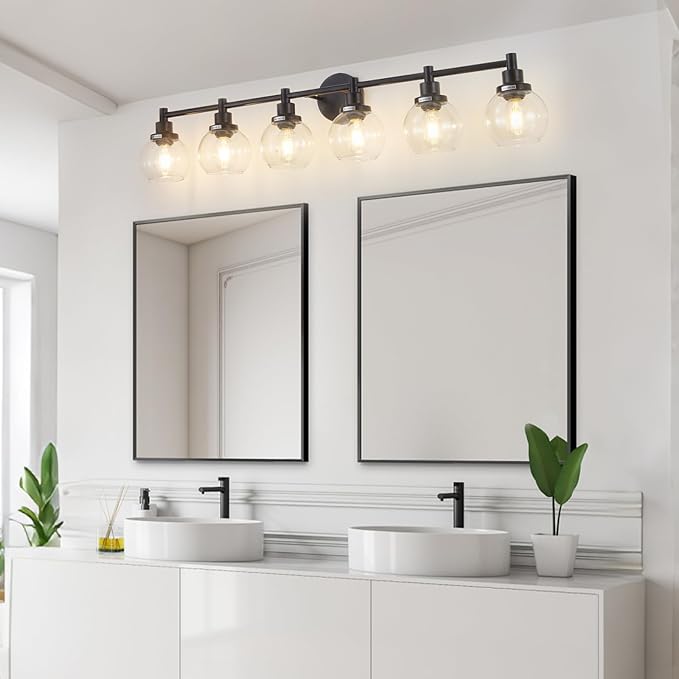 6-Light Bathroom Light Fixture Black Vanity Lights Over Mirror Modern Wall Sconce Farmhouse Vintage Bathroom Vanity Lighting with Glass Shade for Bedroom Hallway Cabinet Bathroom