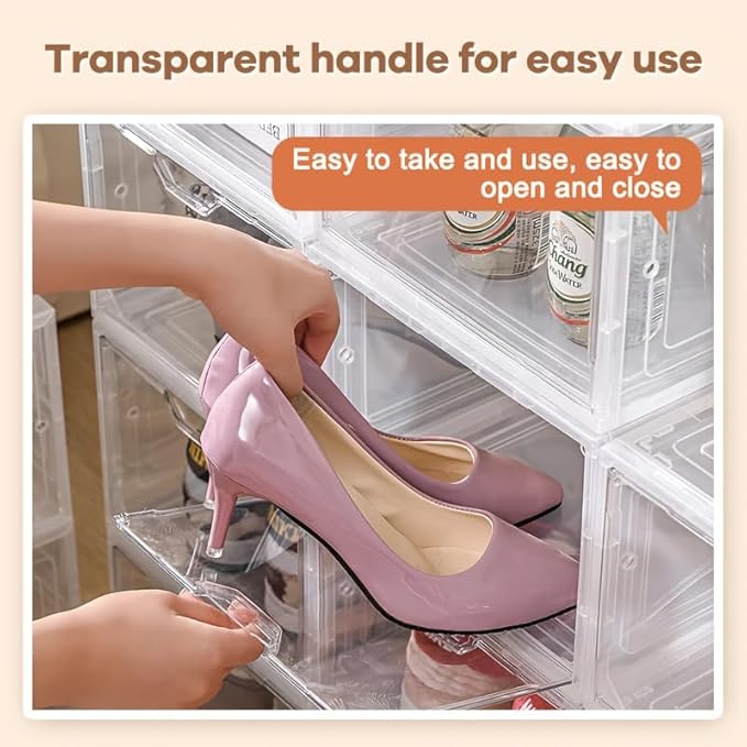 10-pack transparent acrylic shoe boxes, stackable and foldable storage boxes with magnetic snaps, suitable for sneakers, bedroom, dormitory storage, transparent color.