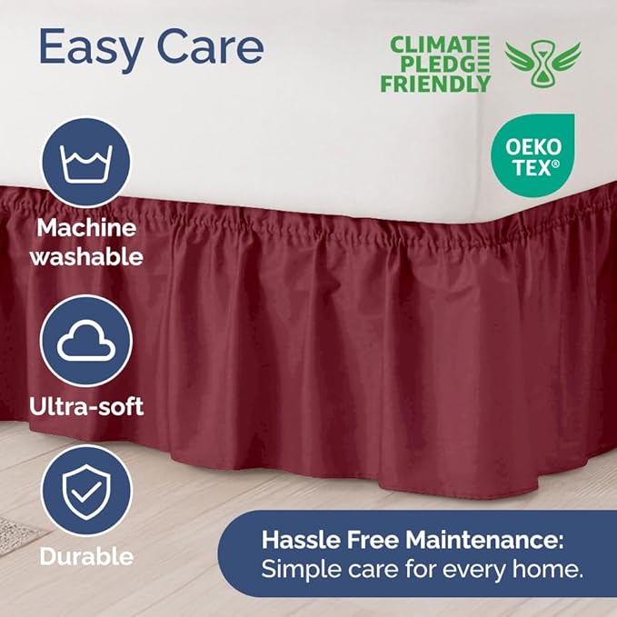 Wrap Around Dust Ruffle Bed Skirt - Burgundy - for Full Size Beds with 18 Inch Drop - Easy Fit Elastic Strap - Adjustable Pleated Bedskirt w/Brushed Fabric Wrinkle Free - for Women, Men, Kids & Teens