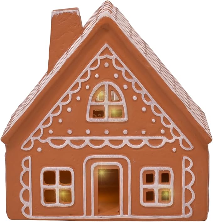 Mark Feldstein & Associates Ceramic Iced Gingerbread Houses Holiday Pre Lit LED Village Figurines, Set of 2, 9 Inch