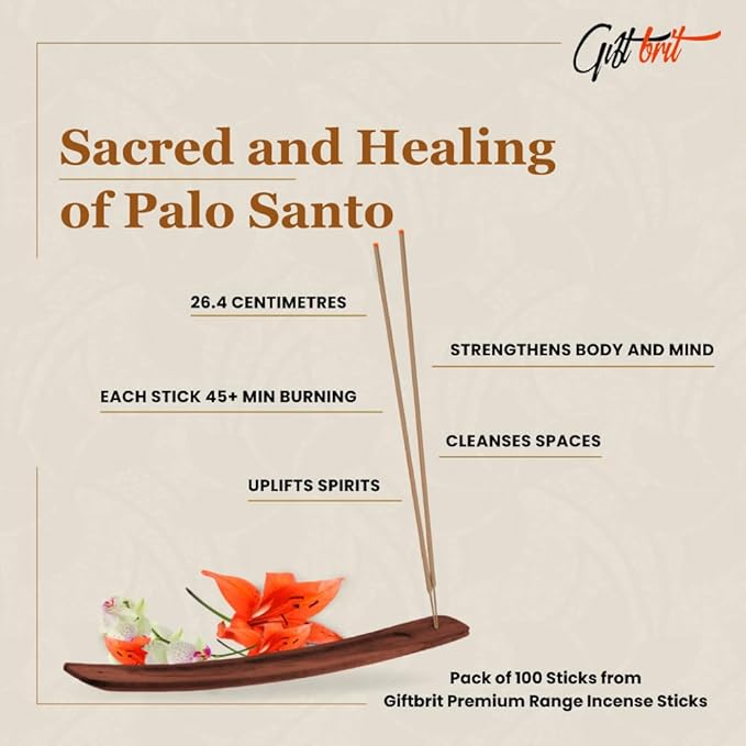 Giftbrit Palo Santo Natural & Herbal Incense Sticks 100 Sticks with Incense Holder for Meditation, Yoga, Church, Relaxation, Healing and Positivity