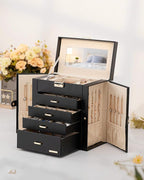 Homde Valentine's Day Gifts Synthetic Leather Huge Jewelry Box Mirrored Watch Organizer Necklace Ring Earring Storage Lockable Gift Case (Black + Gold)