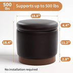 Round Storage Ottoman,Dark Brown Swivel Vanity Stool-Smooth Faux Leather Foot Rest,Footstool Pouf with Sturdy Acacia Wood Frame(500lbs),Hidden Storage Ottoman for Living Room Assembled