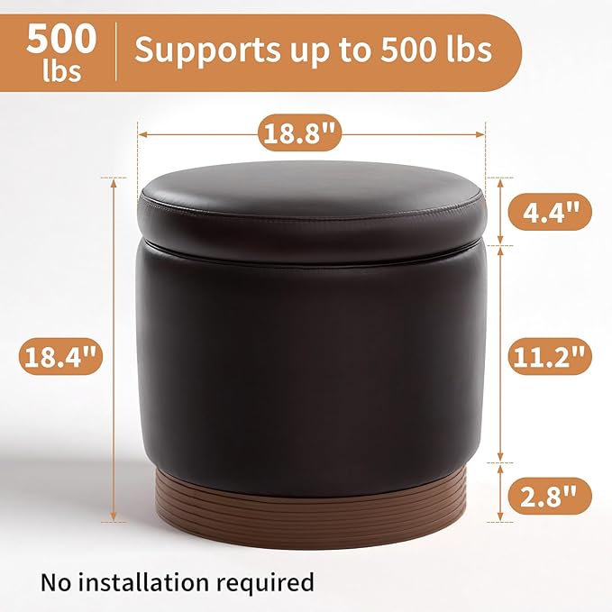 Round Storage Ottoman,Dark Brown Swivel Vanity Stool-Smooth Faux Leather Foot Rest,Footstool Pouf with Sturdy Acacia Wood Frame(500lbs),Hidden Storage Ottoman for Living Room Assembled