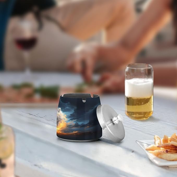 Fire Wolf Ashtray with Lid, Outdoor Ashtrays for Patio, Stainless Steel Ashtray Odorless Smokeless for Home Office Balcony