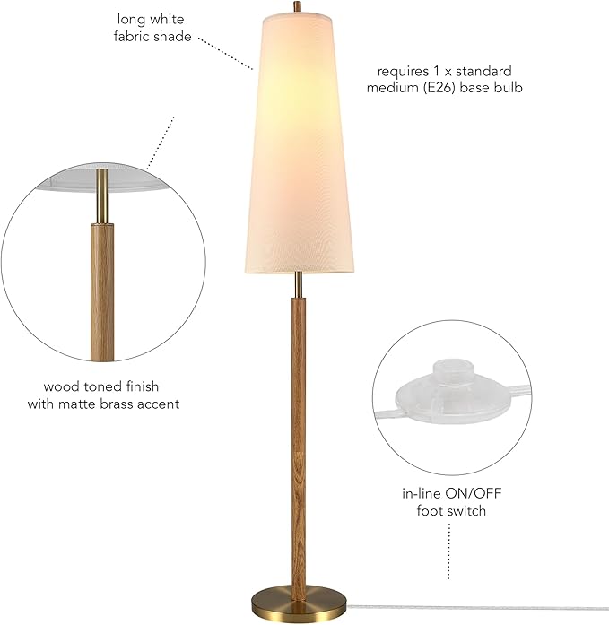 Globe Electric 61000173 63" Floor Lamp, Matte Brass, Wood Toned Accent, Long White Fabric Shade, in-Line On/Off Foot Switch, 6.7-Foot Clear Cord, 1-Light, 60W E26/Medium Base Bulb