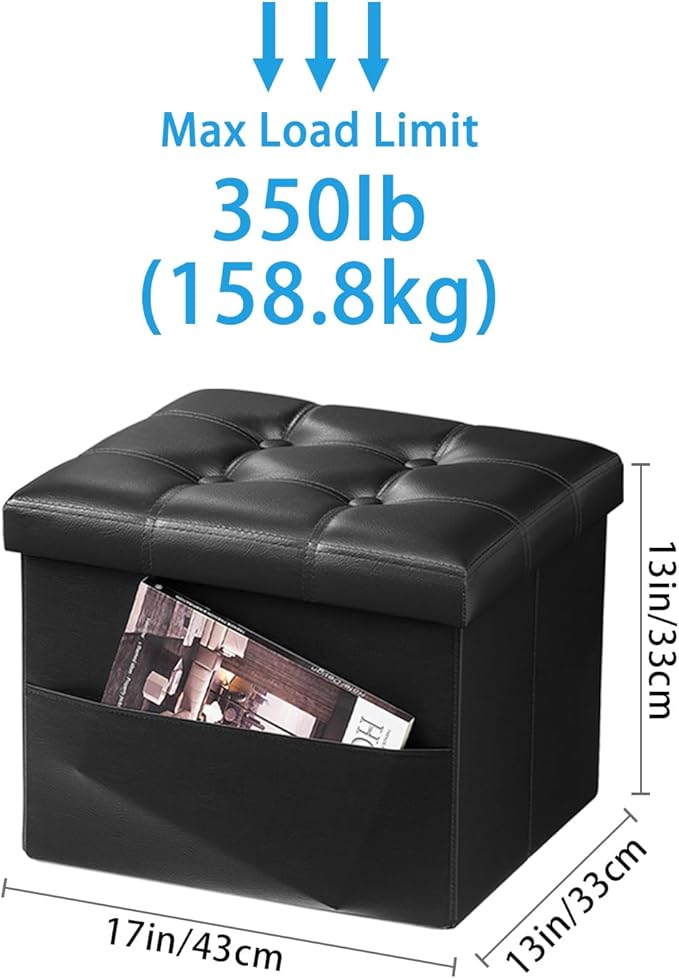 2PC Ottoman with Storage Foot Stool, 17 Inches Folding Storage Ottomans, Leather Upholstered Ottoman Foot Rest with Side Pockets, Suitable for Living Room, Bedroom, Cafe, Black