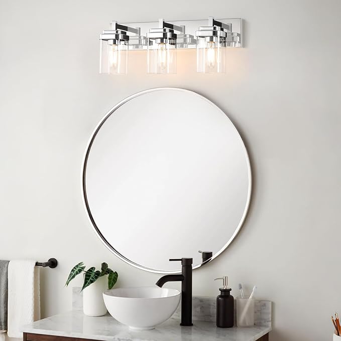 Vanity Light Fixture,3-Light Vanity Light for Bathroom,Chrome Bathroom Vanity Lighting Over Mirror with Square Clear Glass Shade for Restroom