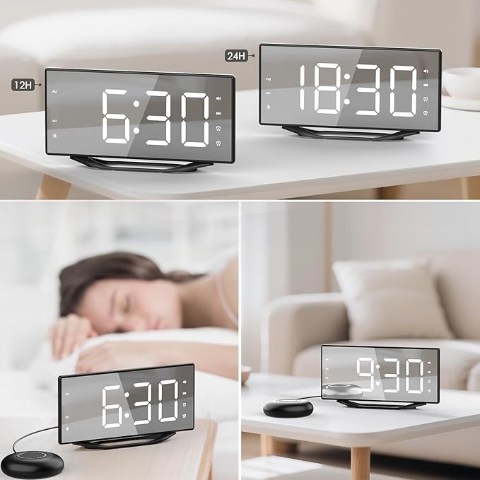 OnLyee Vibrating Alarm Clock with 8.7” LED Mirror for Heavy Sleepers & Hearing Impaired, Bed Shaker & 3 Wake-Up Modes, Dual Alarms, USB Charging, Adjustable Brightness, Snooze Function