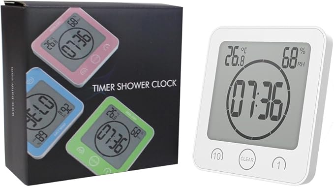 BALDR Digital Bathroom Clocks - 2 Pack Water-Resistant Shower Clock with Timer - Large LCD Display Digital Clock for Shower with Timer, Temperature and Humidity, Wall Clock for Bathroom, White