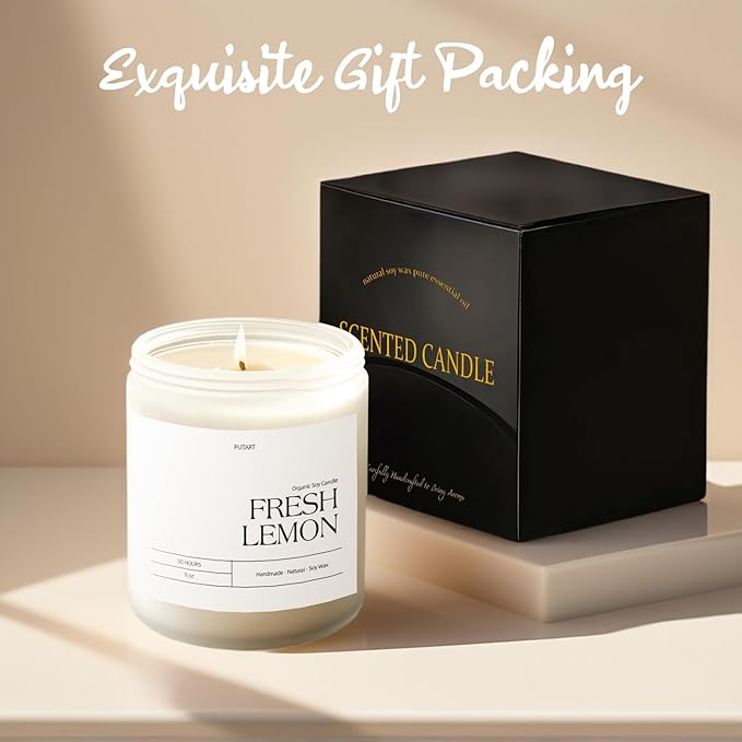 Fresh Lemon Highly Scented Candle for Home, 9oz Natural Soy Aromatherapy Non Toxic Candles with Essential Oil, Home Fragrance Stress Relief & Meditation Jar Candles Gifts for Women & Men, White