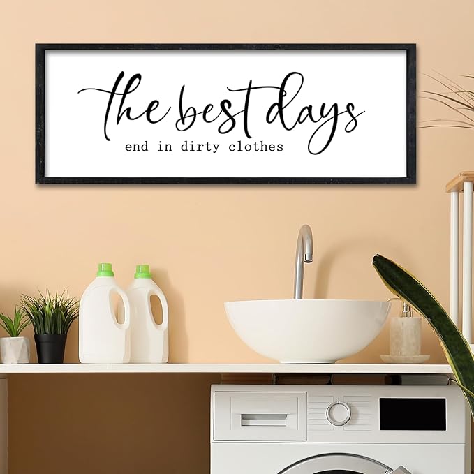 Surfapans Laundry Room Wall Decor The Best Days End In Dirtiest Clothes Sign 32"×12" Funny Rustic Farmhouse above the Bathtub Large Modern Wood Framed Plaque Wall Art Hanging (Black)