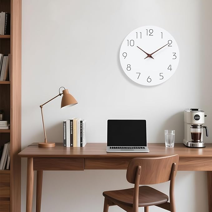 Mosewa Wall Clock 10 Inch Silent Non Ticking Battery Operated White Modern Office Simple Minimalist Decorative for Kitchen Home Bathroom Living Room