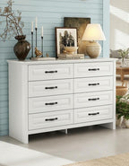 Marsail Farmhouse 8 Drawer Dresser, Wood Chest of Drawers with Natural Texture, Smooth Gliding Drawers, Versatile Storage Organizer Cabinet for Bedroom & Living Room, White
