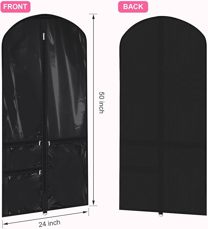 14 Pcs Garment Bags for Dance Costumes Clear PVC with Zippers 24 x 50 Inch Suits Bag with Pockets Dance Costume Organizer Carrier for Storage Cover for Adult(Translucent Black,Classic)