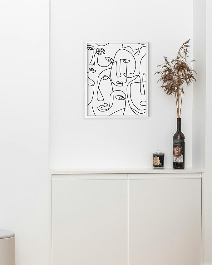 Abstract Face Pattern Wall Art Collage of Modern Faces Continuous Line Drawing 8x10 Inch Oak Wood White Framed Artistic Aesthetic Print for Living Room
