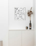 Abstract Face Pattern Wall Art Collage of Modern Faces Continuous Line Drawing 8x10 Inch Oak Wood White Framed Artistic Aesthetic Print for Living Room