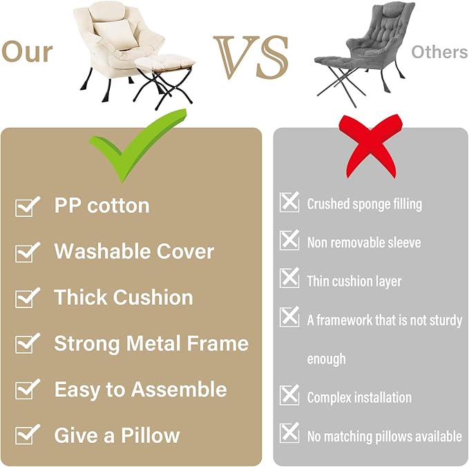 Lvory Lazy Chair with Ottoman, Large Velvet Lounge Accent Chair with a Throw Pillow, Comfy Leisure Sofa Chair for Living Room Bedroom Dorm Room Office Apartment Reading Relaxing Use