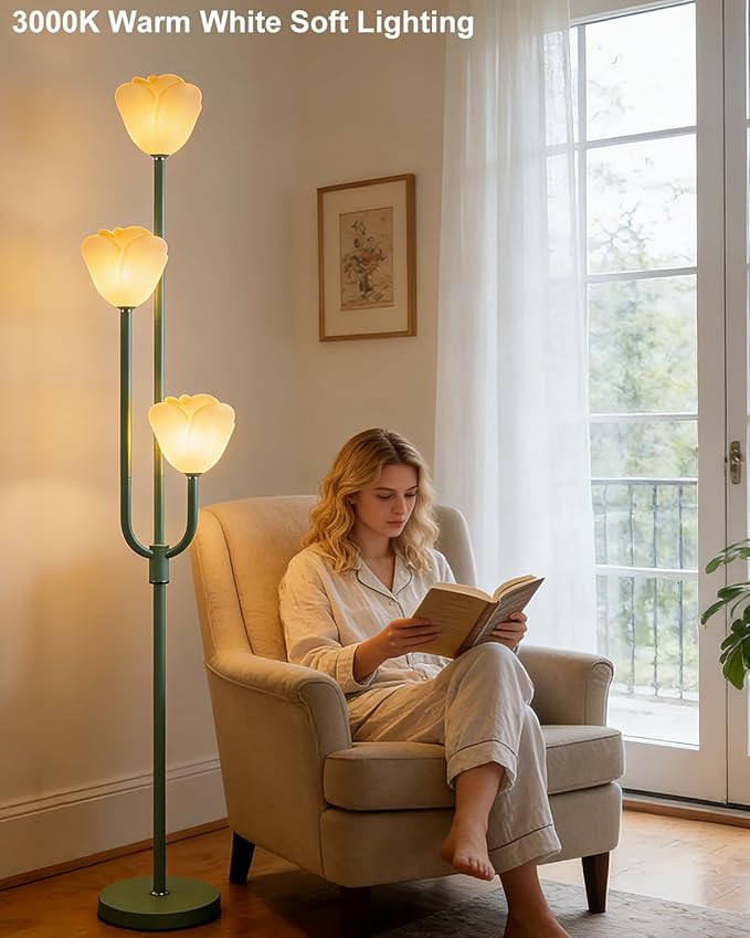 Lightdot 66IN Flower Floor Lamp 3-Lights Vintage Floor Lamps with 3000K Bulbs Included for Wedding Party Modern Dimmable Green Standing Tall Lamp for Living Room/Bedroom/Sofa Beside/Corner Decor