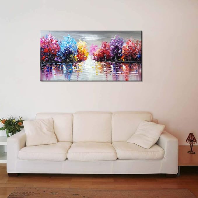 Hand Painted Colurful Textured Lake Landscape Oil Painting on Canvas Purple Tree Wall Art Abstract Nature Artwork for Living Room Bedroom Decor