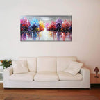 Hand Painted Colurful Textured Lake Landscape Oil Painting on Canvas Purple Tree Wall Art Abstract Nature Artwork for Living Room Bedroom Decor