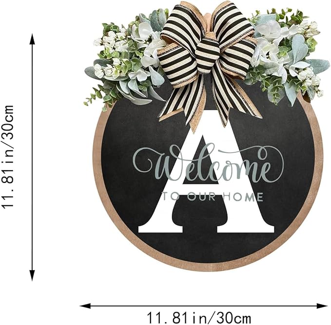 Circular Surname Front Door Welcome Sign - 26 Letter House Wreath, Front Porch Decorations, Year-Round Home Decor (A)