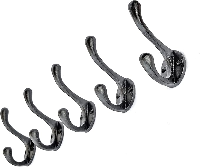 Ambipolar 5 Pack Decorative Cast Iron Heavy Duty Double Hooks, Wall Mounted Coat Hooks, Vintage Inspired (Antique Black) (Cornish Hook)