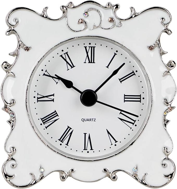 NIKKY HOME Pewter Pretty Small and Cute Vintage Table Clock with Quartz Analog Crystal Rhinestone 3 Inch for Living Room Bathroom Decoration, White Enamel