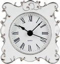 NIKKY HOME Pewter Pretty Small and Cute Vintage Table Clock with Quartz Analog Crystal Rhinestone 3 Inch for Living Room Bathroom Decoration, White Enamel