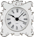 NIKKY HOME Pewter Pretty Small and Cute Vintage Table Clock with Quartz Analog Crystal Rhinestone 3 Inch for Living Room Bathroom Decoration, White Enamel