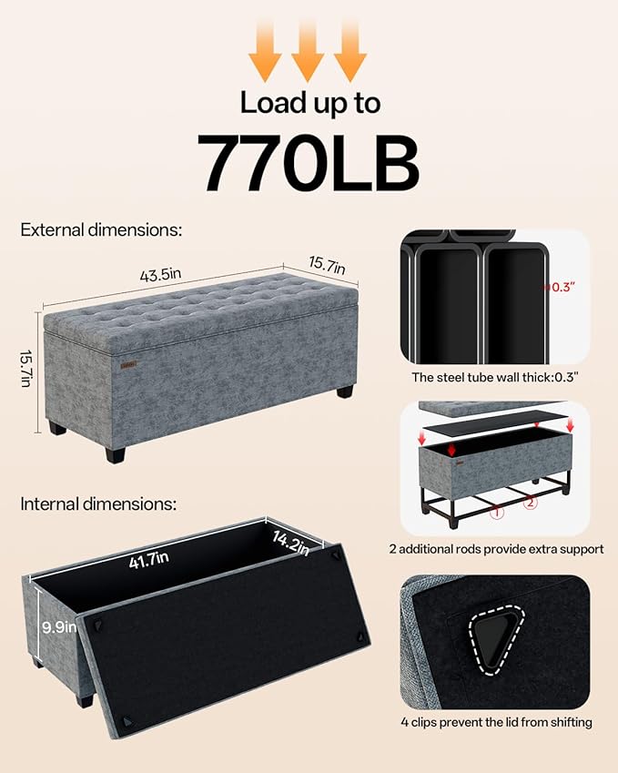 Chenille Storage Ottoman Bench with Legs, 43.5”W x 15.7”D x 15.7”H,Metal Frame end of Bed Bench Hold up to 770 LB,Large Storage Chest,Gray UASND621G