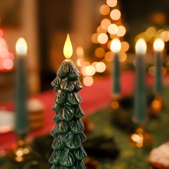 Homemory 3 PCS Flameless Taper Candles with 6-Hours Timer, 9.7 Inches Christmas Tree Candlesticks, Real Wax Battery Operated Window Candles with 3D Flickering Flame for Fireplace Christmas