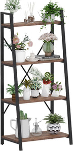 BON AUGURE Industrial Ladder Shelf Bookcase, 4 Tier Rustic Ladder Bookshelf, Standing Leaning Book Shelves for Living Room (Rustic Oak)