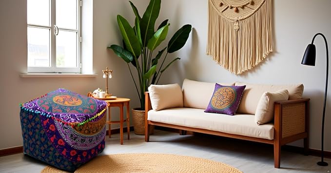 CRAFT KALA Mandala Meditation Floor Pillows Square Pillow Cover Seating Decorative Adults Bohemian Floor Cushion Cover Outdoor Living Room Throw Ottoman Poufs Cover 18X18X14 inches, Multi Six Color