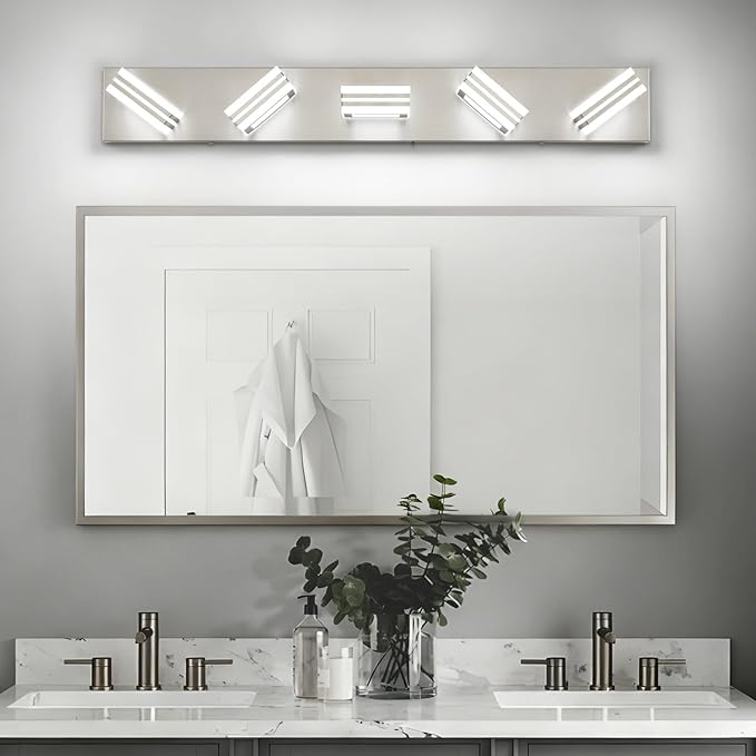 SOLFART LED Bathroom Lighting Fixtures - 5 Lights Modern Brushed Nickel Acrylic Vanity Lights for Mirror 32inch 24W 5CCT