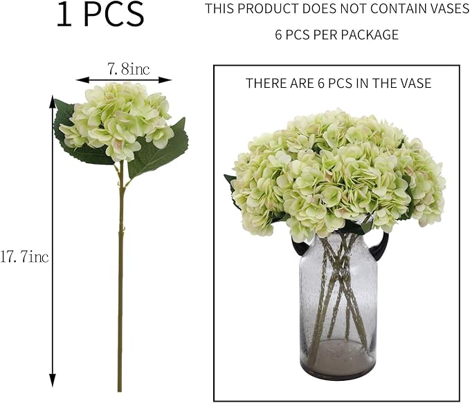 Kimura's Cabin 6pcs Green Silk Hydrangea Artificial Flowers Fake Hydrangeas with Stems Faux Hydrangea Bouquets for Wedding Arrangements Home Party Table Decoration (Lime Green)