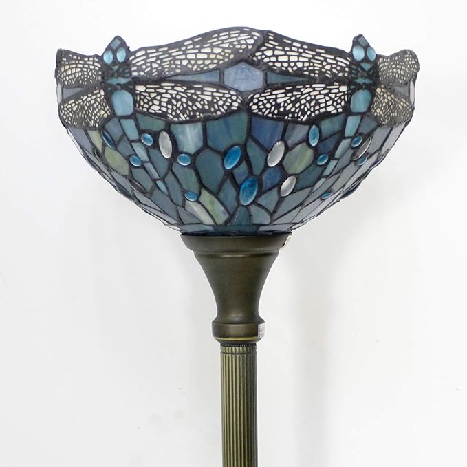 WERFACTORY Tiffany Floor Lamp Sea Blue Stained Glass Dragonfly Light 12X12X71 Inches Pole Torchiere Standing Corner Torch Uplight Decor Bedroom Living Room Home Office S147 Series