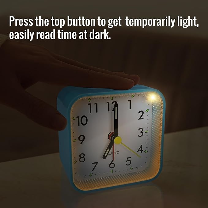 Small Battery Operated Analog Alarm Clock for Bathroom, Travel Clock, Quieter Bedrooms Desk Bedside Clocks for Kids Teen, Blue