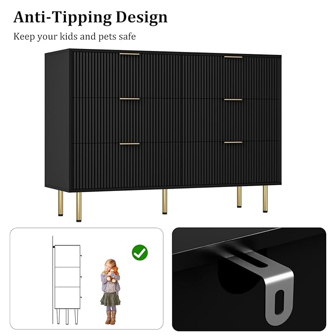 GarveeHome 6 Drawers Dresser for Bedroom, Fluted Dresser Chest of Drawers with Handle, Wood Modern Dressers for Closet, Bedroom Furniture Storage Organizer for Living Room, Hallway