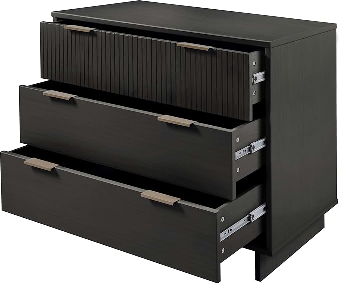 Manhattan Comfort Granville 38-Inch Solid Wood Dresser with 3 Full Extension Soft Close Drawers, Fluted Ribbed Front with Gold Metal Handles for Bedroom, Living Room, Dorm, Nursery in Dark Grey