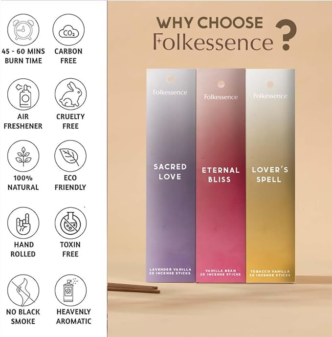 Folkulture Incense Sticks with Holder (120 Sticks) | Set of 6 Incense Sticks for Aromatherapy, Focus | No Charcoal, Organic, Non Toxic, 45 Mins, Long Burning Vanilla, Coconut, Lavender Insence-Sticks