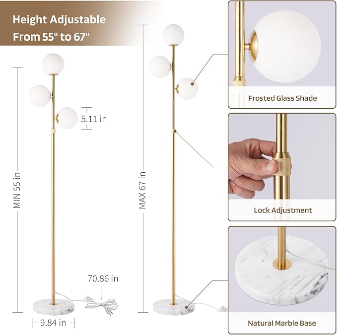 vallerico 3-Globe Mid Century Modern Floor Lamps for Living Room, Adjustable Height Standing Lamp with Marble Base, Gold Tall Lamp with Frosted Glass Shades, Pole Lamps for Bedroom, Bulbs Included