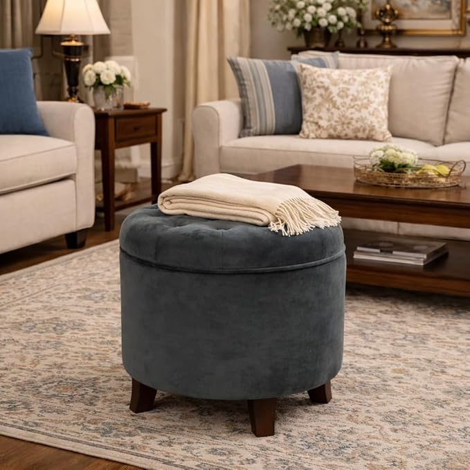 Homepop Home Decor | Upholstered Round Velvet Tufted Foot Rest Ottoman | Ottoman with Storage for Living Room & Bedroom | Decorative Home Furniture, Dark Gray Small