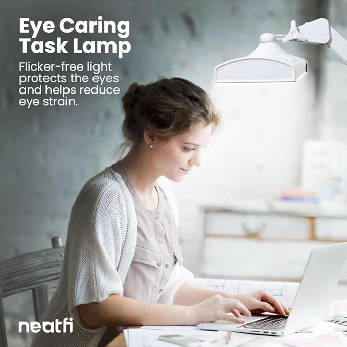 Neatfi Ultra Desk Lamp – 3,500 Lumens, 45W LED, 26-Inch Wide Shade, 5 Brightness Levels, Clamp Mount, Shadow-Free, Non-Flickering Light (Non-CCT with Clamp, White)