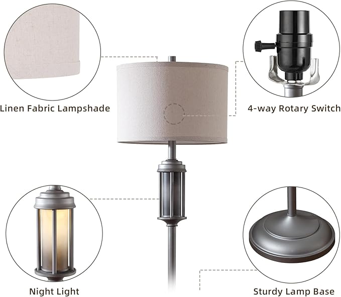 65'' Industrial Floor Lamp for Living Room Bedroom with 2 Light Sources, Modern Metal Tall Standing Lamp with Nightlight, Rustic Floor Light for Home Office Corner, Bulbs Included