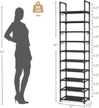 VTRIN 10 Tiers Tall Shoe Rack Holds 20-25 Pairs of Shoes Sturdy Vertical Shoe Organizer with 18pcs Hooks Stackable Narrow Shoe Rack for Closet, Entryway Black