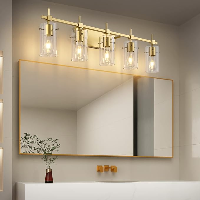 SOLFART Gold Vanity Light Fixtures Bathroom Lighting Over Mirror Wall Lights 5 Lights Bathroom Light