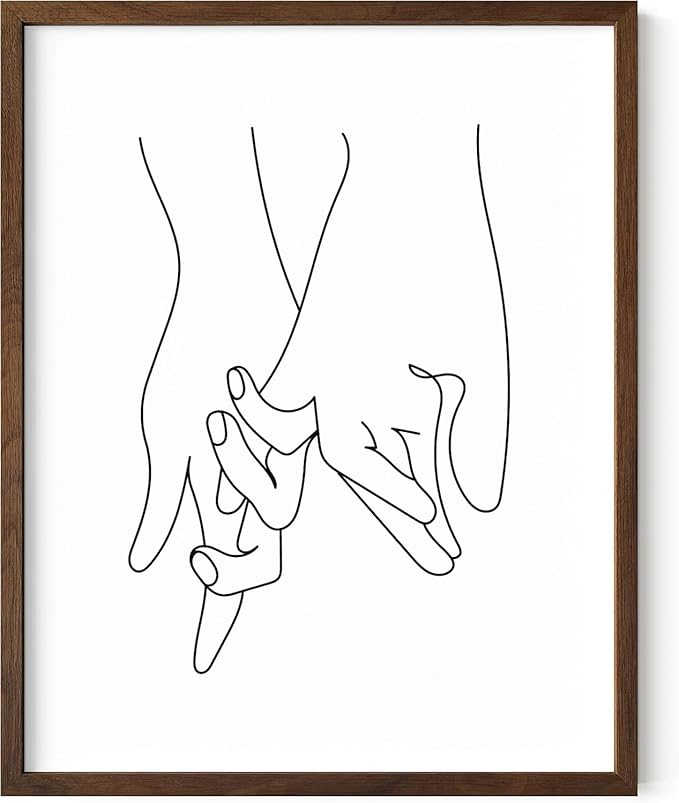 Holding Hands Wall Art Interlocking Fingers Continuous Line Drawing Love Connection 11x14 Inch Oak Wood Walnut Framed Modern Romance Print for Bedroom